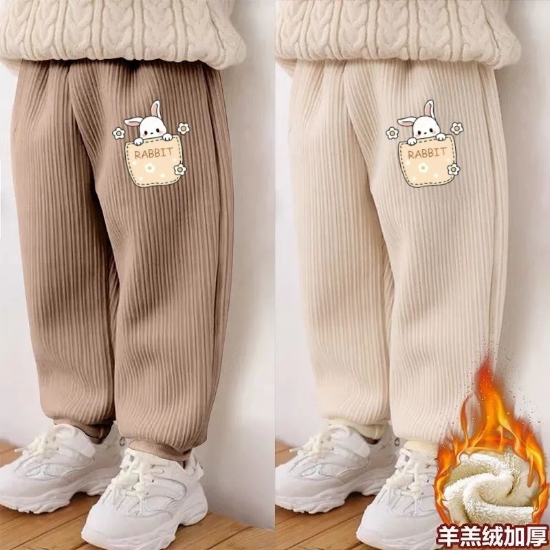 口袋兔女童秋冬款加绒加厚灯芯绒长裤新款儿童保暖运动裤洋气裤子