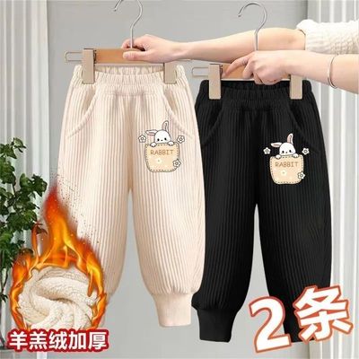 口袋兔女童秋冬款加绒加厚灯芯绒长裤新款儿童保暖运动裤洋气裤子