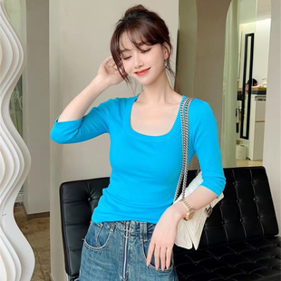 T恤纯色上衣女 卡卡女装 官方旗舰正品 显瘦修身 防走光百搭U领五分袖