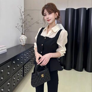 【情有独钟】黑白拼接假两件撞色上衣高级衬衫通勤穿搭气质显瘦