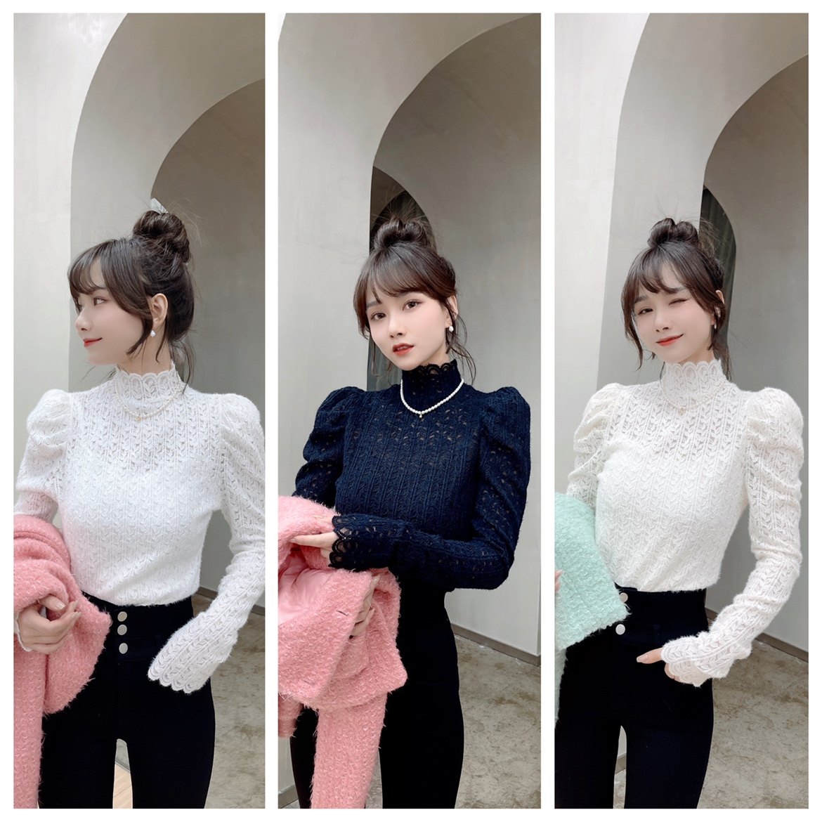 卡卡官方旗舰蕾丝修身打底衫