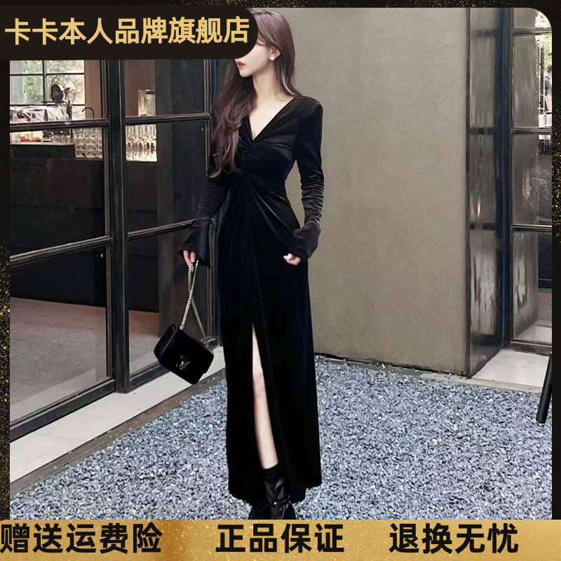 卡卡女装官方旗舰开叉丝绒连衣裙