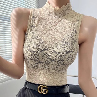 蕾丝打底衫女紧身性感镂空透视半高领别致高级感无袖背心t恤上衣