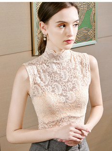 洋气内搭欧货立领蕾丝薄背心外搭女半高领 砍袖 无袖 镂空性感打底衫