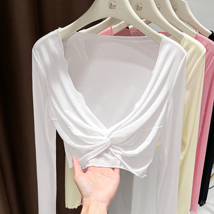 防晒短款交叉扭结v领冰丝网纱舞蹈披肩女薄款粉色吊带裙外搭罩衫