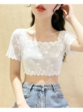 抹胸短袖蕾丝一字肩打底衫短款内搭黑色新款夏季薄优雅百搭高级感