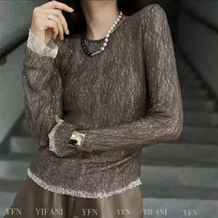 女小众别致上衣 打底衫 欧货2024早秋新款 剪裁设计感网纱蕾丝T长袖