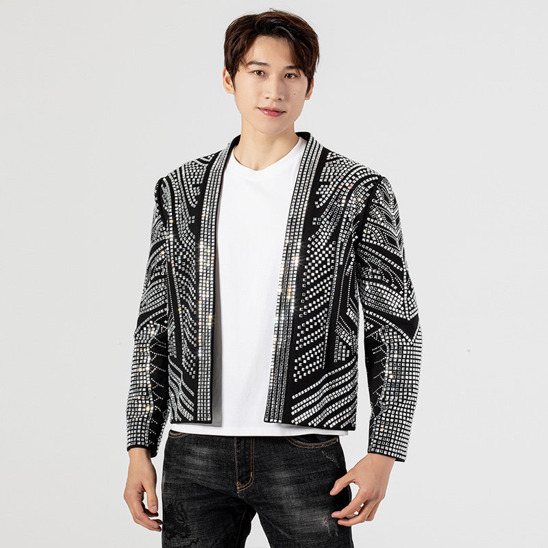 2024新款修身潮流西服炸街酒吧夜场出酒服歌手演出服蹦迪烫钻外套