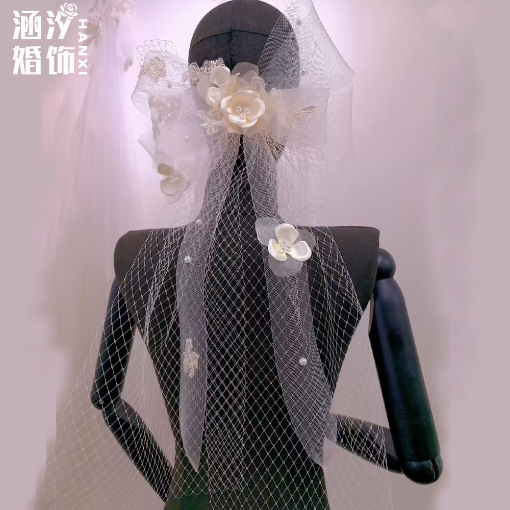涵汐法式新娘网纱蝴蝶结发夹头饰