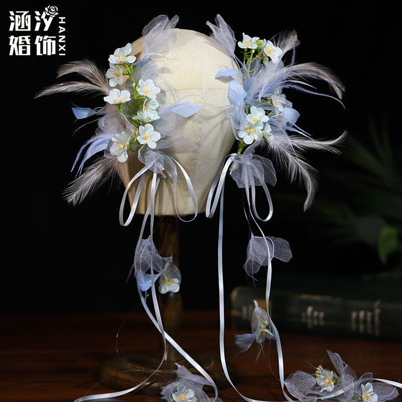 森系超仙浅蓝色娟纱花朵发夹头饰