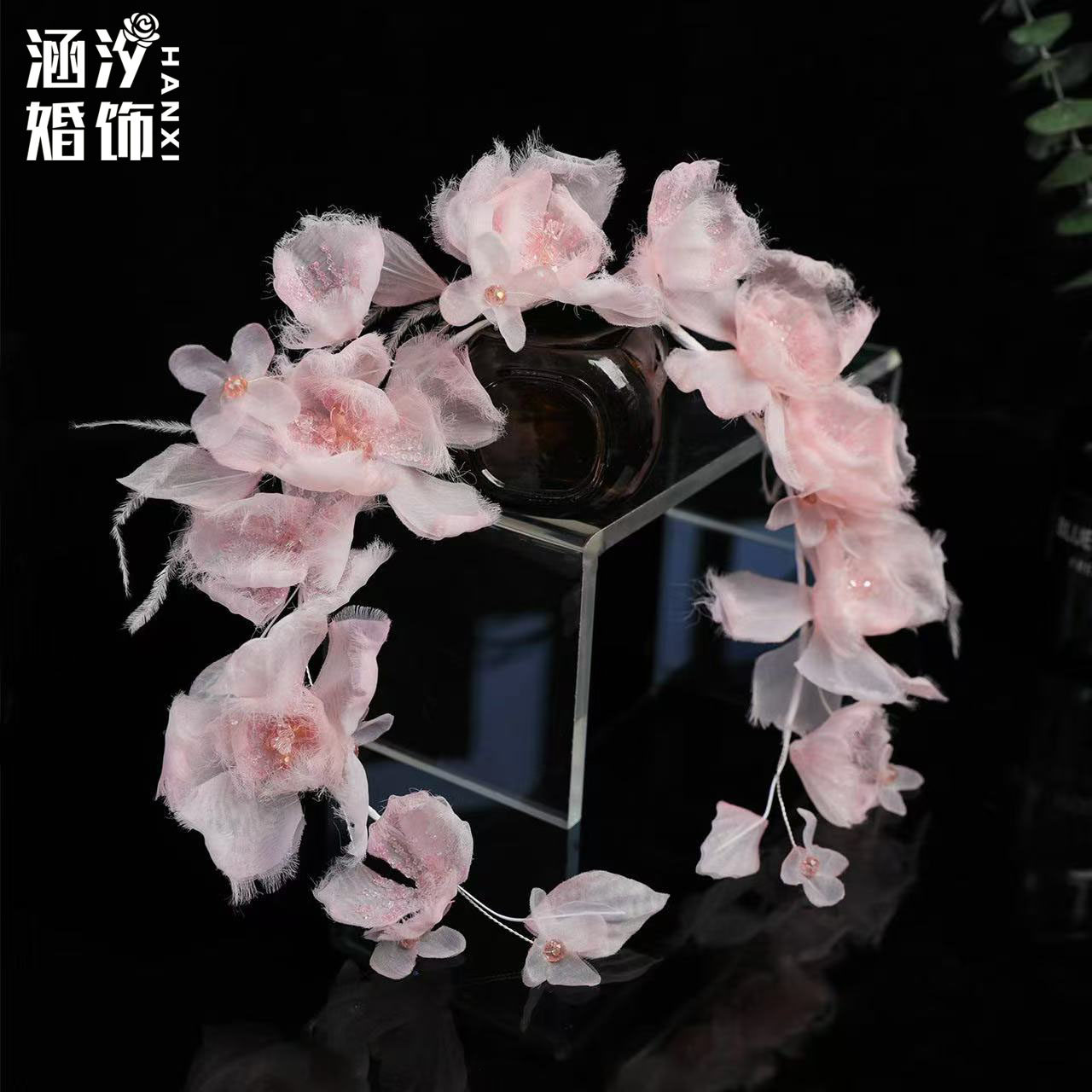 涵汐新娘甜粉羽毛纱花发箍减龄