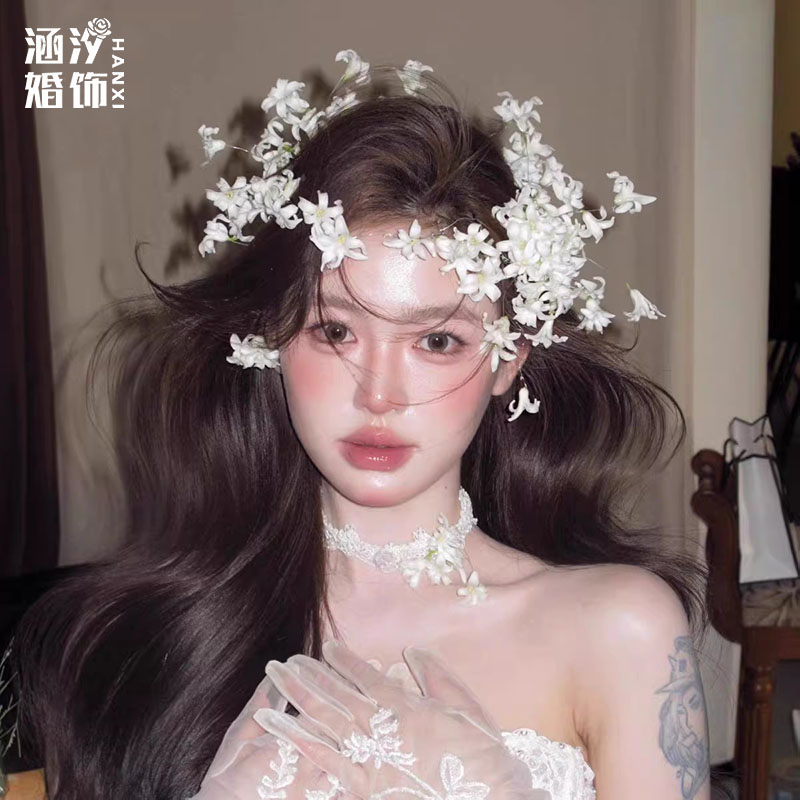 森系白色花朵新娘头饰项链套装
