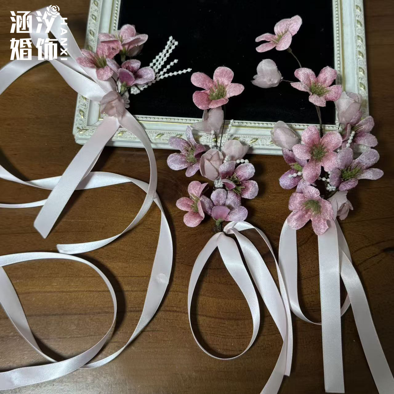 涵汐森系粉色花朵发夹蝴蝶结丝带甜美减龄写真影楼氛围感新娘头饰