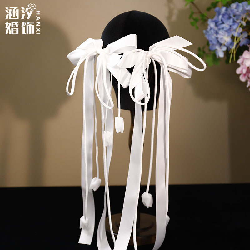 白色郁金香飘带蝴蝶结发夹侧边夹