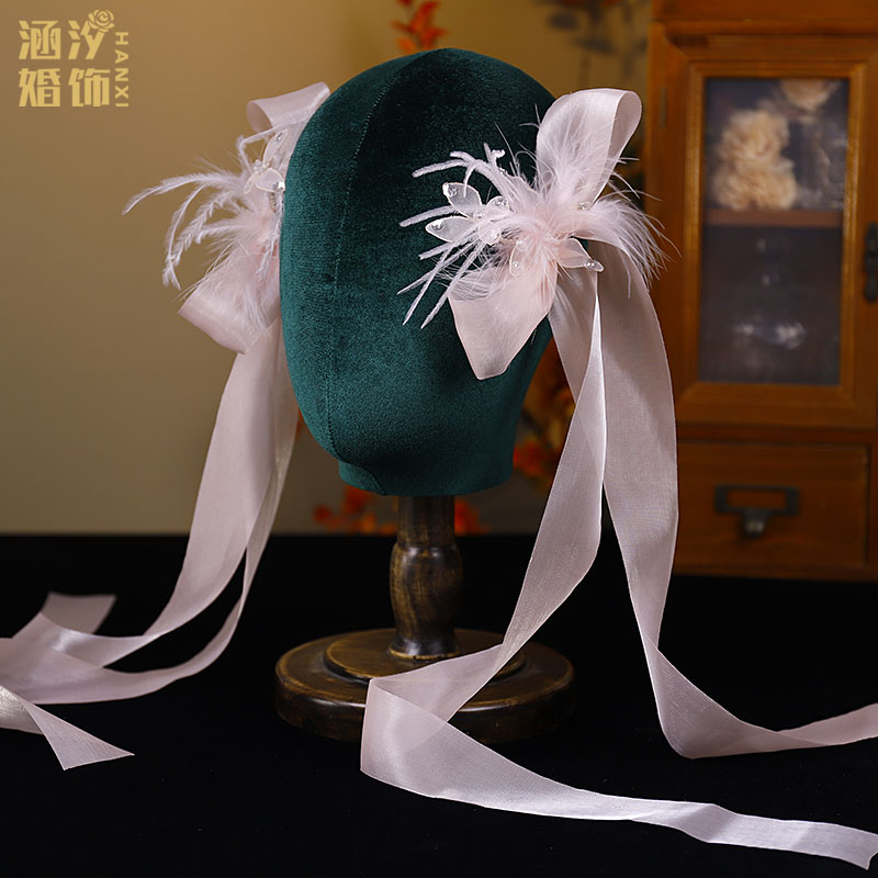 涵汐新款粉色甜美灵动羽毛蝴蝶结长飘带对夹头饰结婚拍照演出发饰