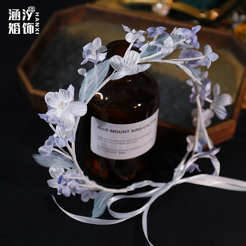 超仙浅蓝色花朵花环发箍新娘头饰