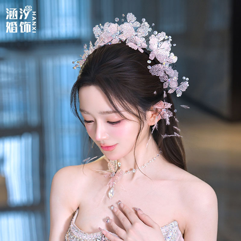 高级感灵动粉色羽毛蝴蝶发箍套装