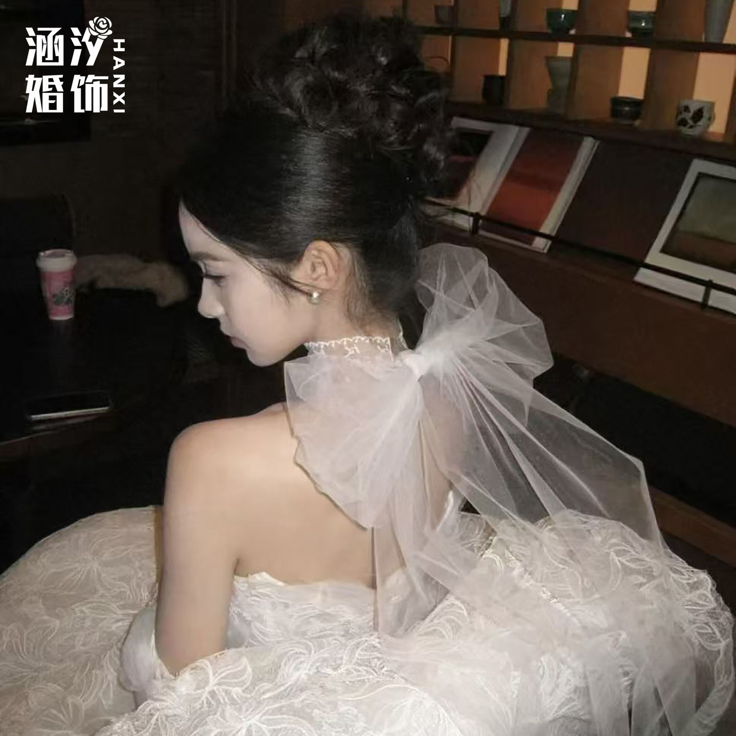 涵汐新品复古高级感蝴蝶结飘带蓝色颈带新娘婚纱造型氛围感配饰