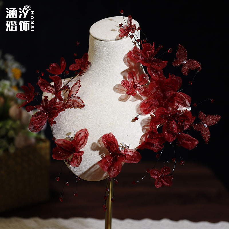 娟纱酒红色水晶蝴蝶花朵发夹套装