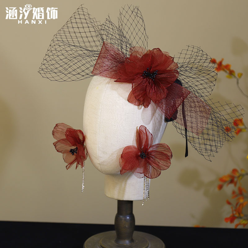 新款酒红色绢纱花朵网纱蝴蝶结颈花耳环套装新娘敬酒服头饰发饰