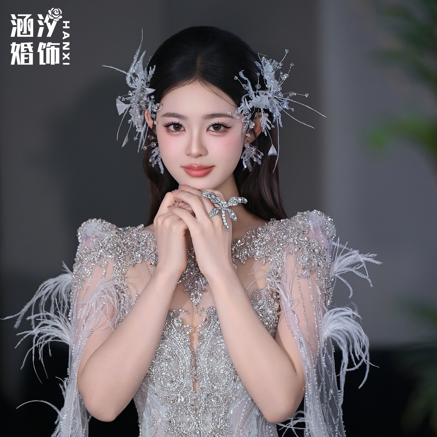 涵汐新娘轻奢水钻羽毛边夹