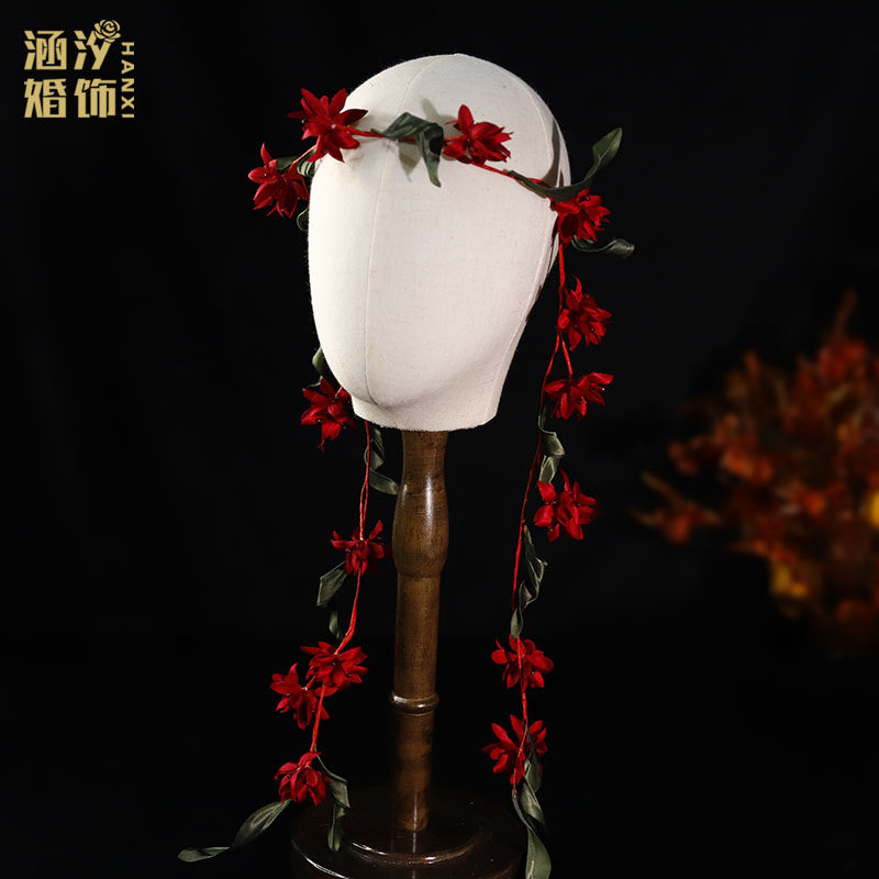 复古酒红色花朵藤蔓花环发带