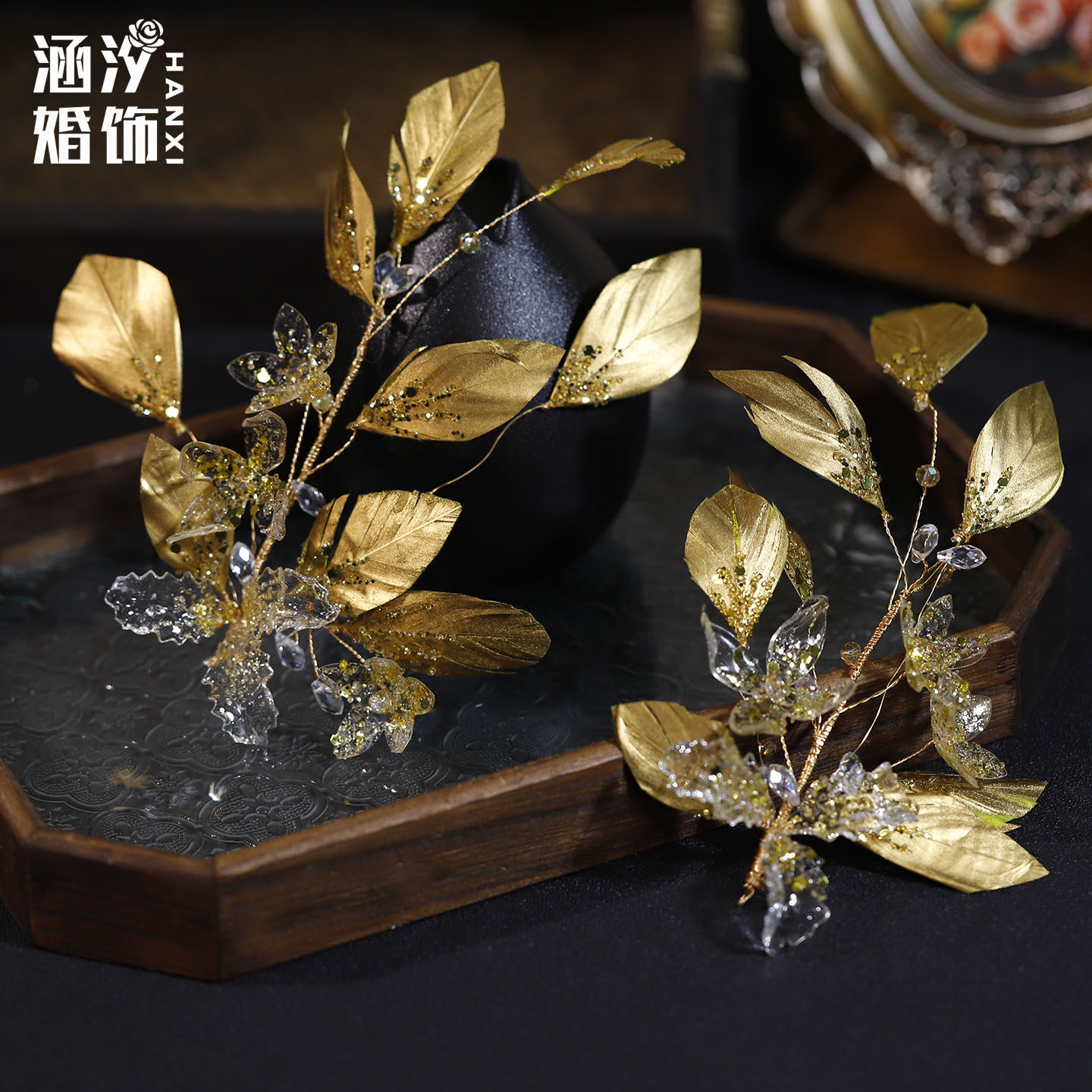 涵汐新娘金色羽毛水晶花婚礼发饰