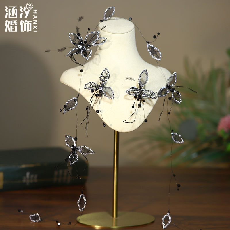 超仙森系黑色羽毛网纱发饰发带