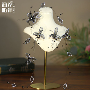超仙黑色羽毛网纱水晶花朵发带头饰耳环套装 宴会礼服复古编发配饰
