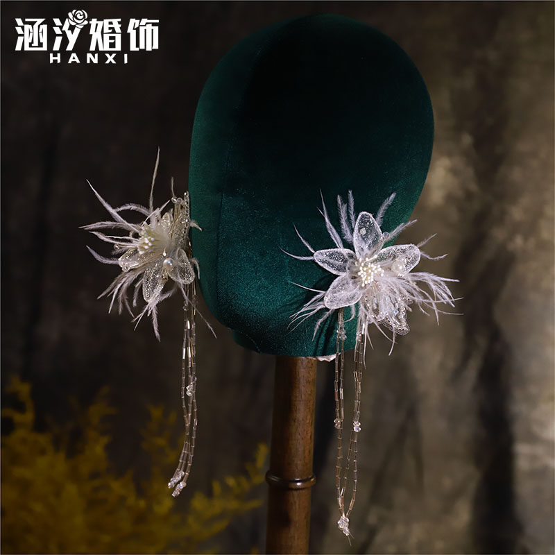 涵汐超仙手工新款白色花朵羽毛流苏新娘耳饰甜美婚纱串珠耳环耳夹