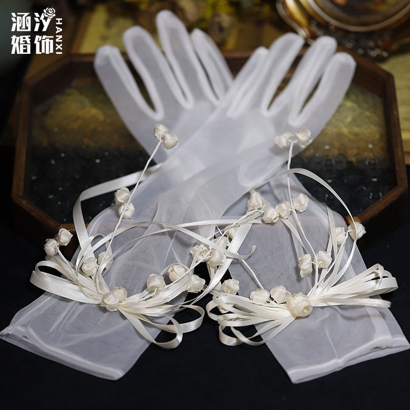 新款超仙白色铃兰花丝带蝴蝶结新娘手套婚纱礼服配饰森系复古道具