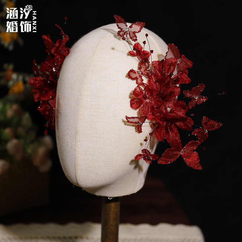 新款手工酒红色绢纱花碎钻发饰