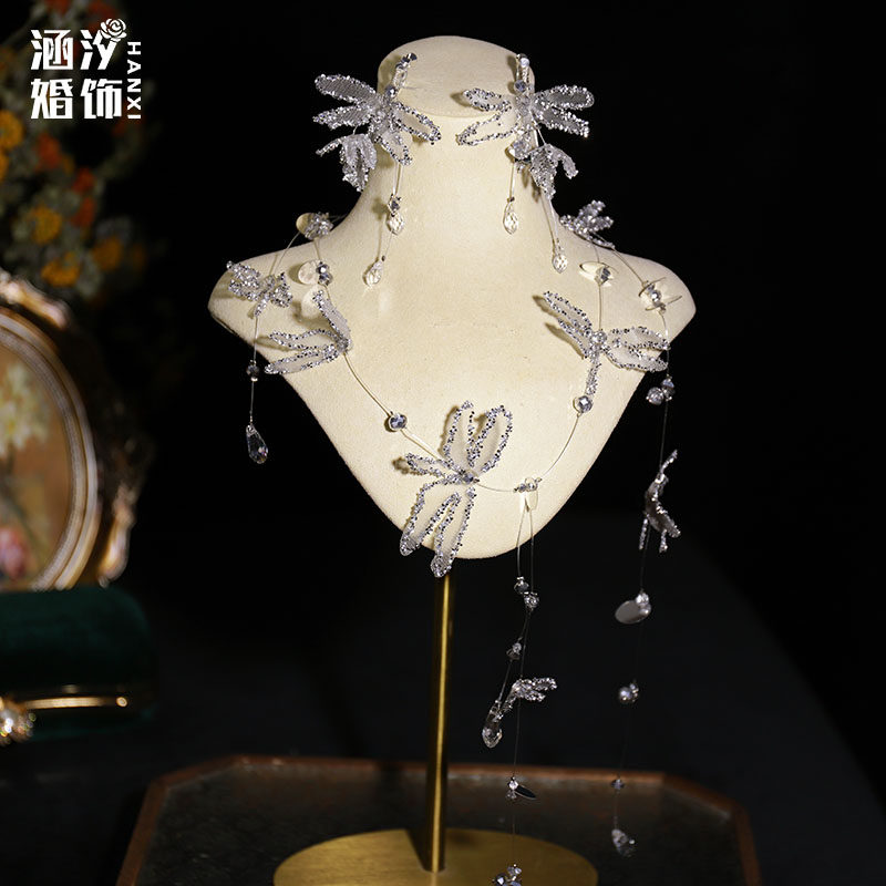 新品网纱水钻蜻蜓窜珠头饰新娘项链耳环水晶流苏梦幻百搭颈莲套装