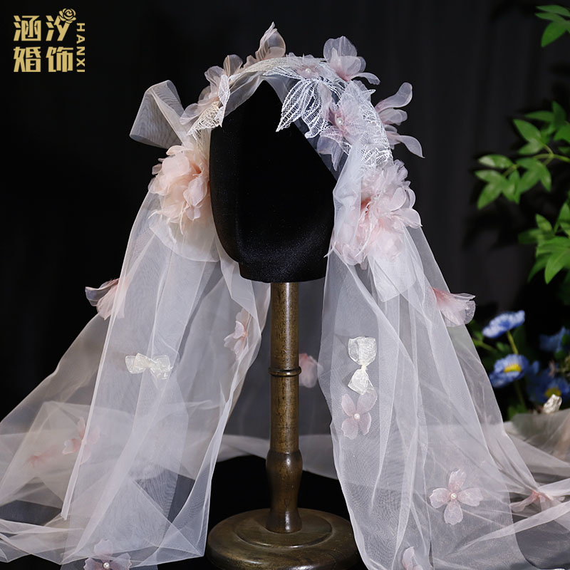 新款森系甜美粉色娟纱花朵蕾丝发夹头饰头纱新娘结婚影楼拍照头纱