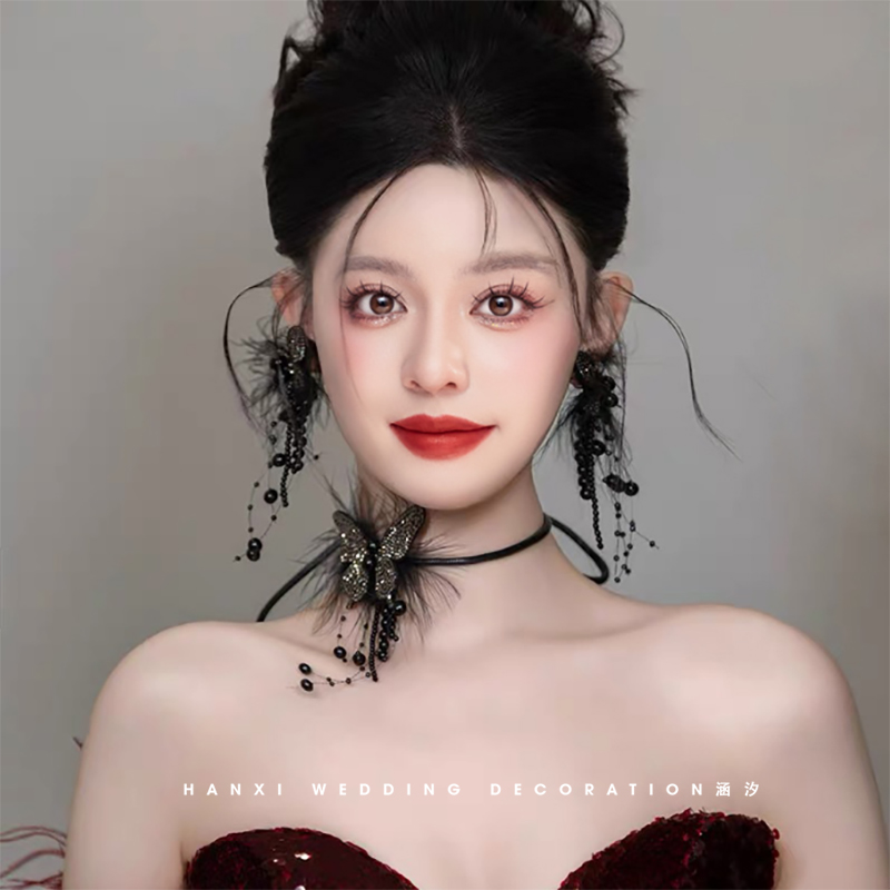 黑色蝴蝶羽毛项链耳环套装颈链