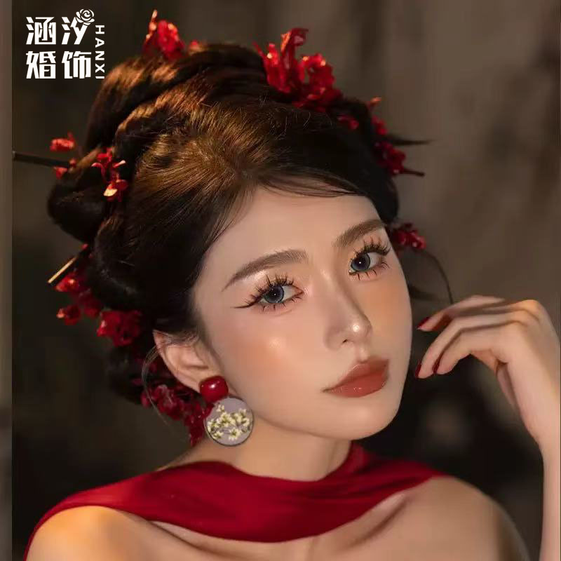 新娘中式森系红色永生朵头饰套装
