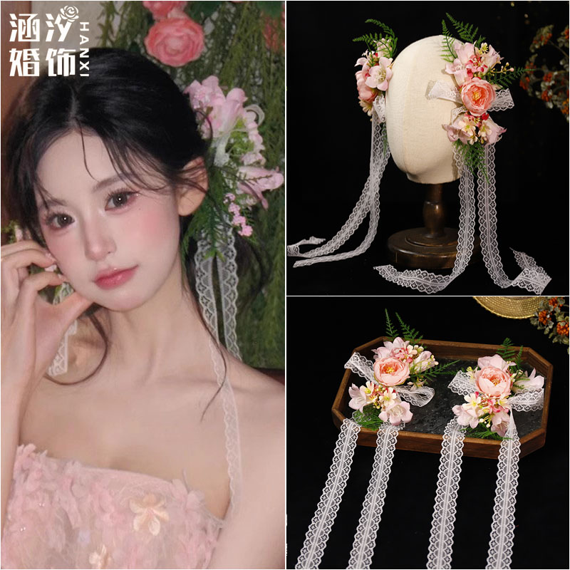 氛围感新款森系粉色甜美花朵发饰