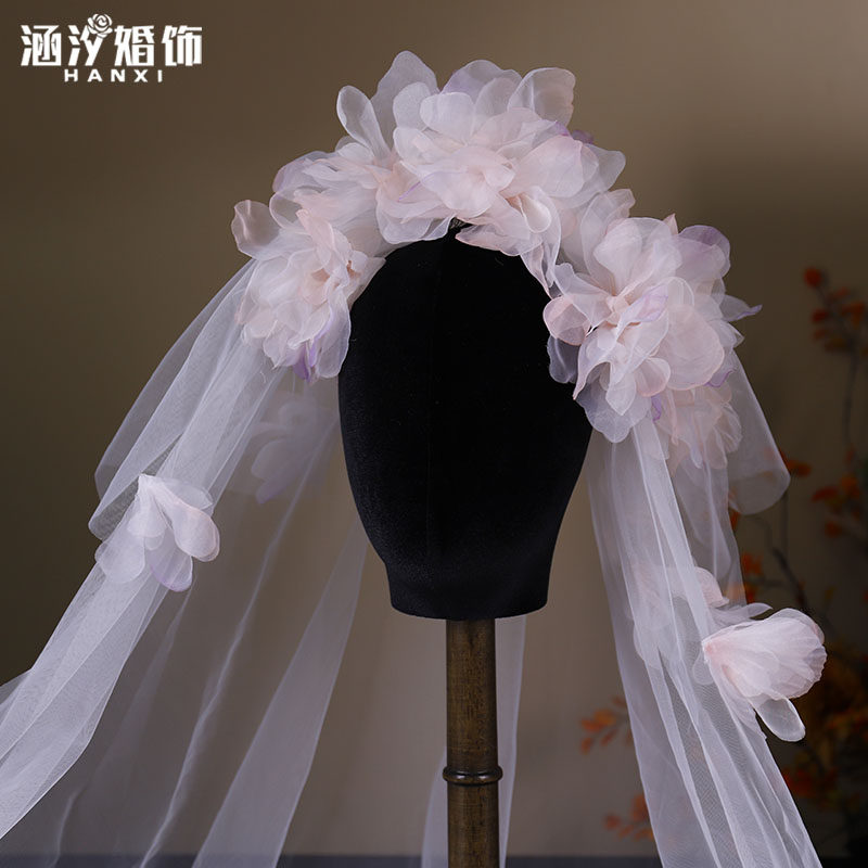 新款超仙粉色绢花发梳头纱森系新娘结婚影楼旅拍甜美婚纱发饰品