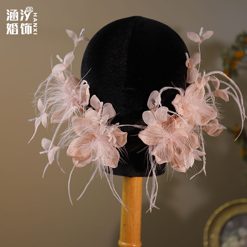 涵汐超仙甜美粉色羽毛花朵发夹