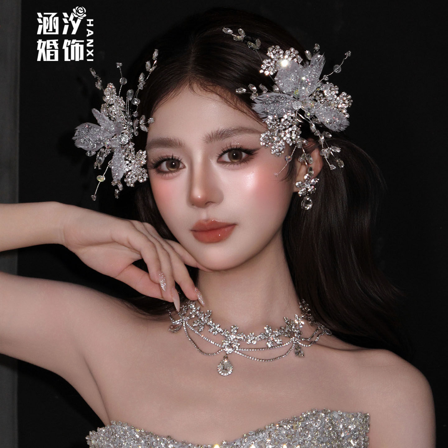 涵汐新娘超仙水晶边夹头饰项链