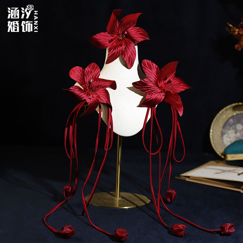 森系仙美酒红色花朵蝴蝶结发饰