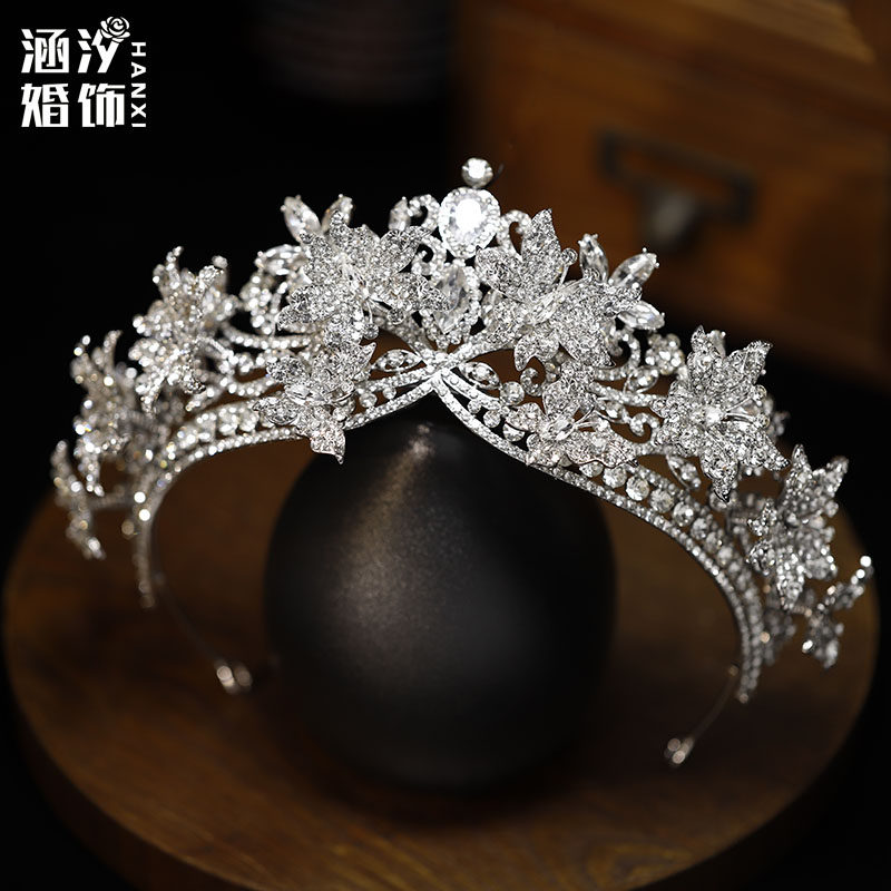 涵汐新娘重工皇冠高级感灵动花朵水晶镶钻王冠结婚头饰跟妆配饰女