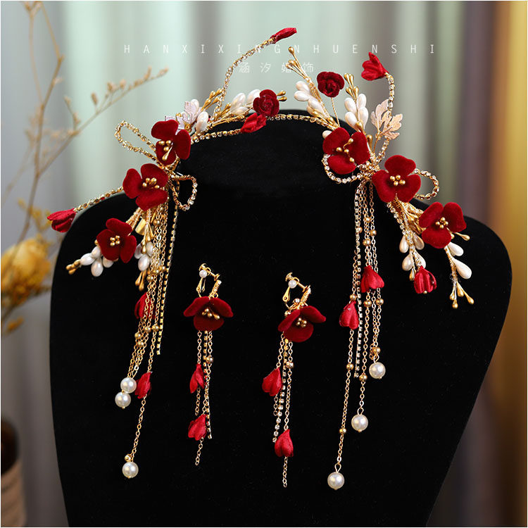 新娘头饰结婚跟妆酒红绒花闪钻流苏发夹礼服发饰秀禾敬酒服配饰品