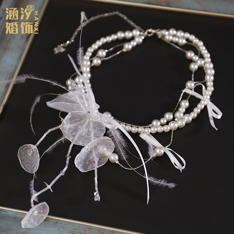 多层珍珠娟纱花朵手作百搭锁骨链灵动羽毛颈链新娘婚纱礼服首饰品