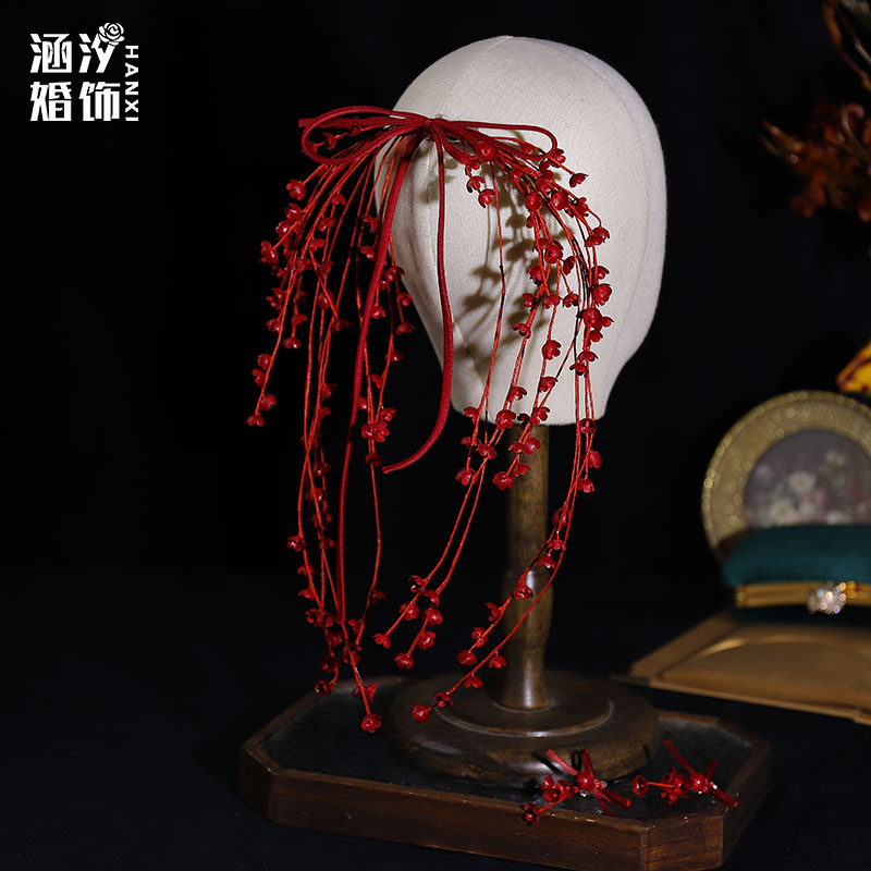 新娘结婚头饰酒红色铃兰花耳环