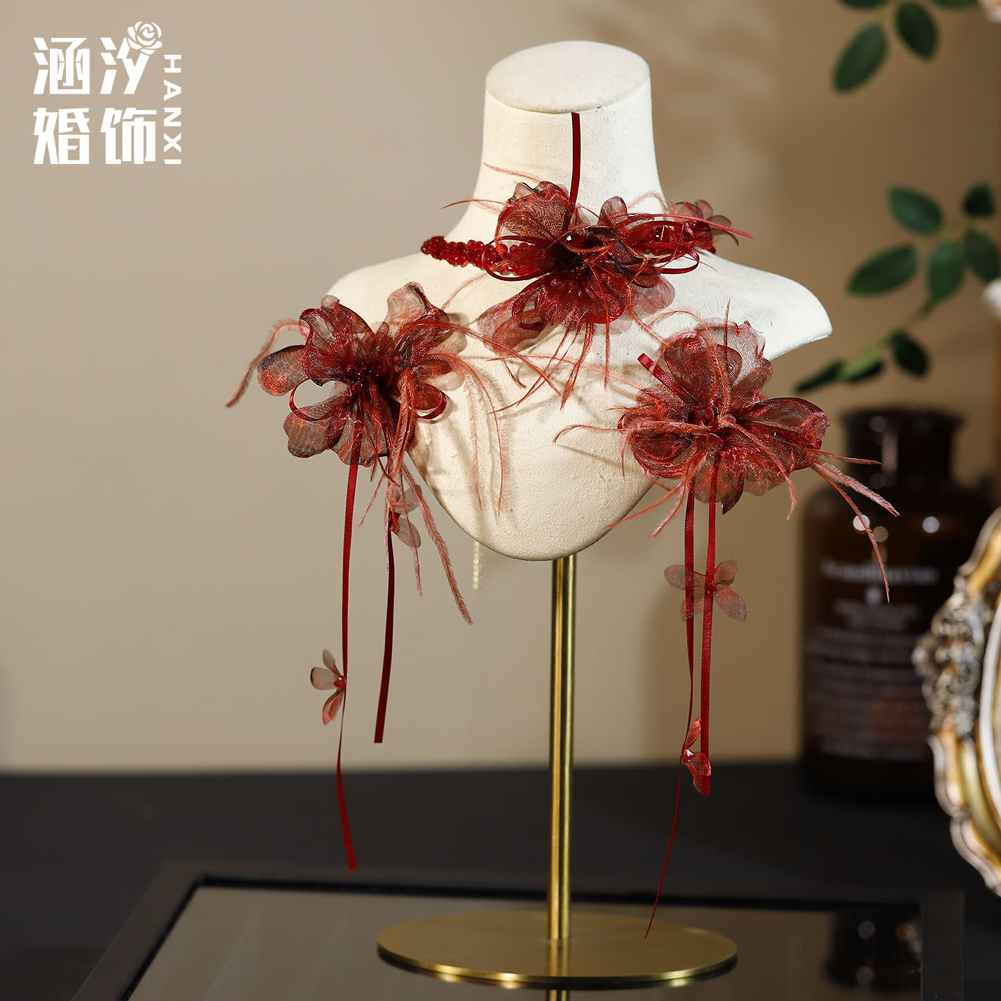 涵汐酒红羽毛水晶新娘敬酒头饰