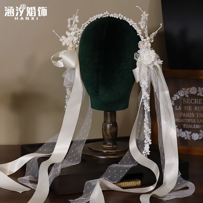 新款蕾丝花朵发箍长飘带头饰