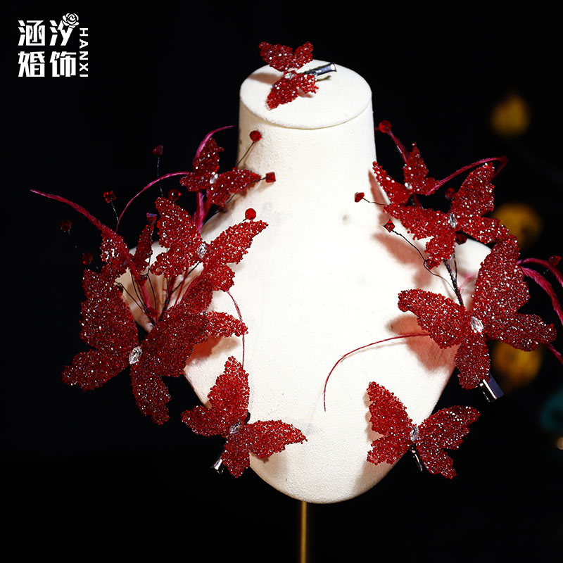 涵汐新娘红色水晶羽毛蝴蝶发夹
