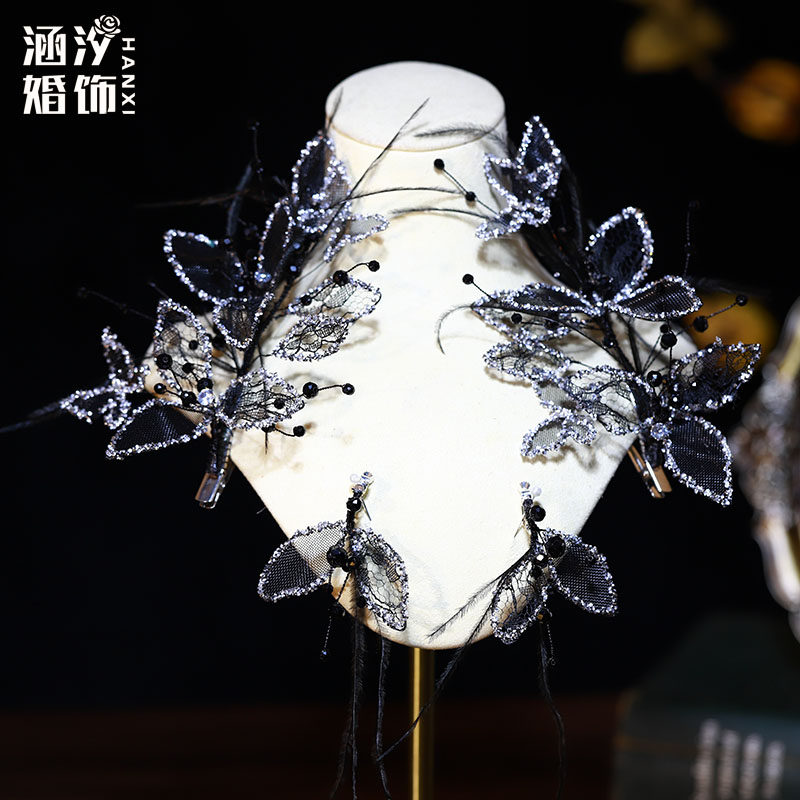 涵汐超仙黑色水晶羽毛蕾丝发饰