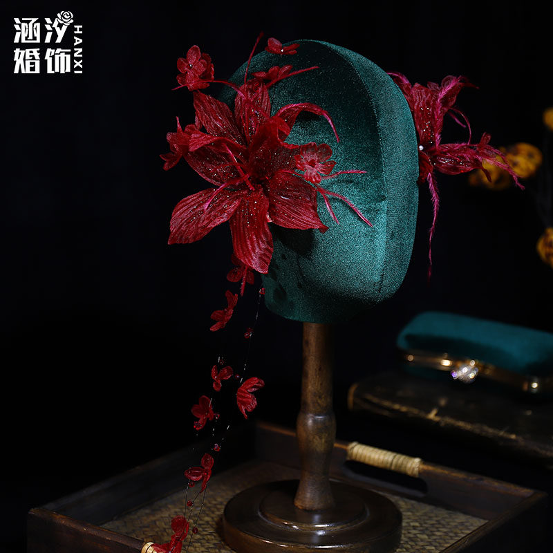 涵汐复古酒红羽毛纱新娘发簪
